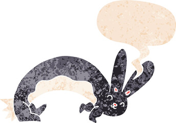 funny cartoon rabbit and speech bubble in retro textured style