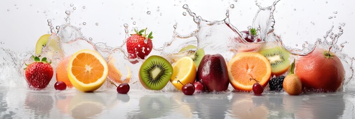 Wide banner background with fruits and splashes of water. Isolated food wallpaper generative ai