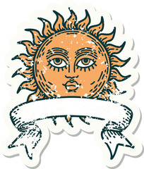 grunge sticker with banner of a sun with face