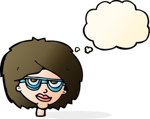 cartoon woman wearing spectacles with thought bubble