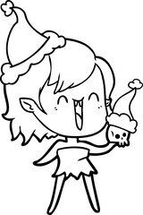 cute line drawing of a happy vampire girl wearing santa hat