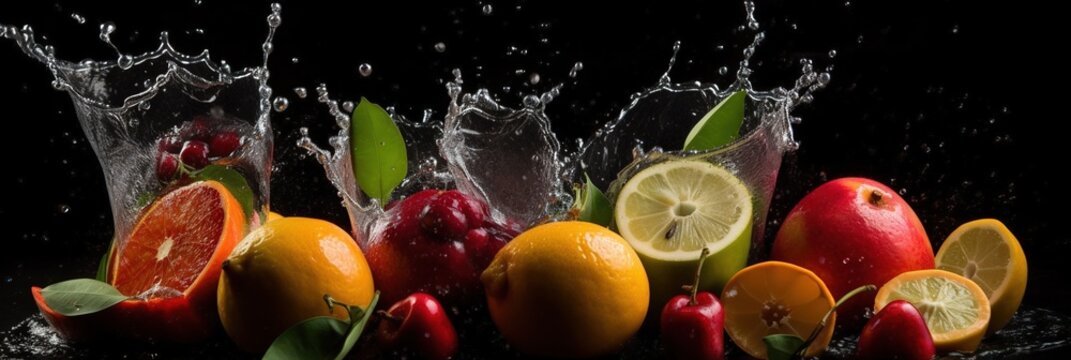 Wide banner background with fruits and splashes of water. Isolated food wallpaper generative ai © Roman