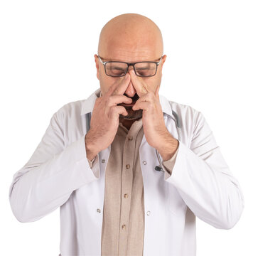 Transparent png portrait of caucasian middle aged tired doctor. Wearing white coat, take off glasses, rubbing eyes. Exhausted, having headache. Isolated white background, copy space. Fatigue sendrom.