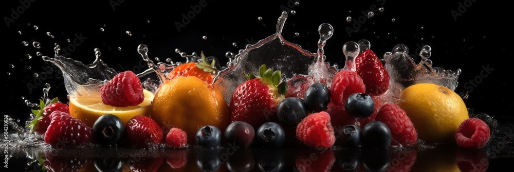 Wall mural wide banner background with fruits and splashes of water. isolated food wallpaper generative ai