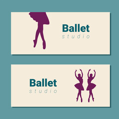 Theatre ticket design. Ballet school flyer template. Ballerina silhouette in the tutu and pointe shoe. Blue and purple card design. Vector illustration