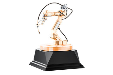 Robot welding, golden award concept. 3D rendering