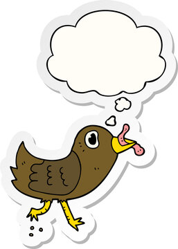 cartoon bird with worm and thought bubble as a printed sticker