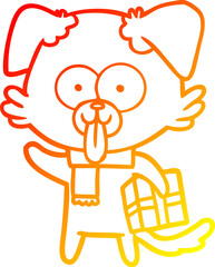 warm gradient line drawing cartoon dog with christmas present