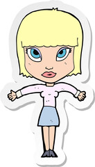 sticker of a cartoon woman shrugging