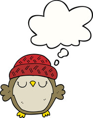 cute cartoon owl in hat and thought bubble
