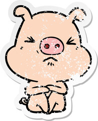 distressed sticker of a cartoon angry pig sat waiting