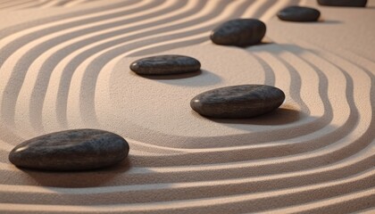 Fototapeta na wymiar zen stones on the sand with perfect lines made by a zen rake