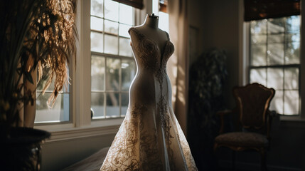 White Wedding Gown Hanging in Front of a Sun Filled Window, Vintage Inspired, Lace Bridal Dress, Generative AI