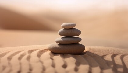 Fototapeta na wymiar stacked zen stones on the sand, blured sand dunes in the background