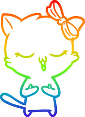 rainbow gradient line drawing cartoon cat with bow on head