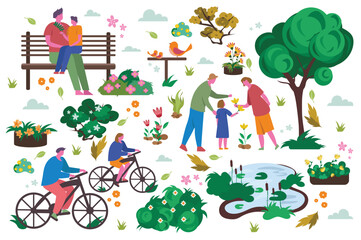 Fototapeta premium Nature and family set concept with people scene in the flat cartoon design. Image of happy family spending time together in nature. Vector illustration.