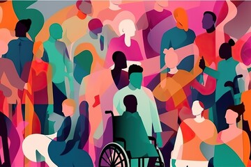 inclusion and diversity concept expressed by an flat illustration of a colorful crowd of people - obrazy, fototapety, plakaty