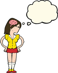 cartoon intelligent woman with thought bubble