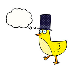 thought bubble cartoon bird wearing hat