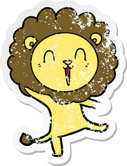 distressed sticker of a laughing lion cartoon