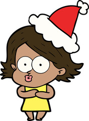line drawing of a girl pouting wearing santa hat
