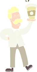 flat color illustration of a cartoon man with coffee cups