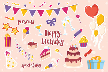 Birthday celebration decorative stickers set concept in the flat cartoon design on the pink background. Stickers with attributes for a birthday party. Vector illustration.