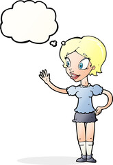 cartoon waving woman with thought bubble