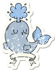 grunge sticker of tattoo style happy squirting whale character
