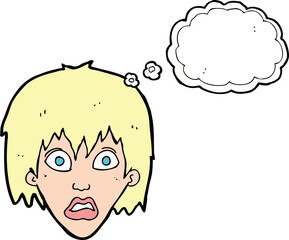 cartoon frightened woman with thought bubble