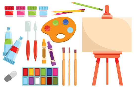 Artist tools set concept in the flat cartoon style. Different types of paints, brushes and easels that artists use to create masterpieces. Vector illustration.