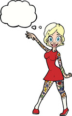 cartoon woman with tattoos with thought bubble