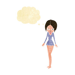 cartoon woman in short dress with thought bubble