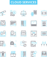 Cloud services vector line icons set. Cloud, Services, Computing, Hosting, Storage, Security, Virtualization illustration outline concept symbols and signs