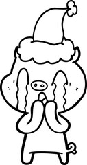 crying pig line drawing of a wearing santa hat