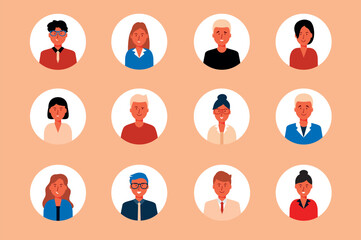 People set icons concept in the flat cartoon design on the orange background. Image of people of different genders with different appearances. Vector illustration.