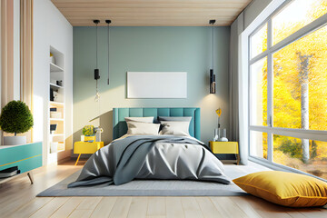 Elegant Modern Bedroom with French Windows - Stylish Interior Design Inspiration, Yellow and cyan color