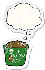 cartoon pot of earth and thought bubble as a distressed worn sticker