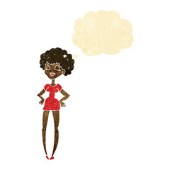 cartoon happy woman with hands on hips with thought bubble