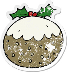 distressed sticker of a cartoon christmas pudding