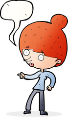 cartoon woman pointing with speech bubble