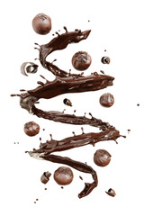 Chocolate ball floating and chocolate liquid splashing isolate on white background. 3D Rendering. Png files.