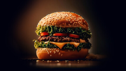 Delicious hamburger or Cheeseburger with lettuce, tomato, and melted gouda, juicy meat and sesame bun (Product Picture / Generative AI)