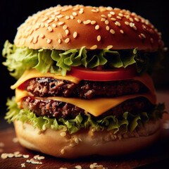 Classic double cheeseburger with lettuce, tomato, and melted gouda cheese, juicy beef patty, sesame seed bun (Product Picture / Generative AI)