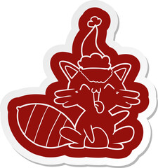 cute cartoon  sticker of a raccoon wearing santa hat