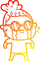 warm gradient line drawing cartoon crying woman wearing spectacles