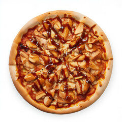 Top view product shot of a large delicious chicken pizza with BBQ sauce on a white background. (Product Shot / Generative AI)