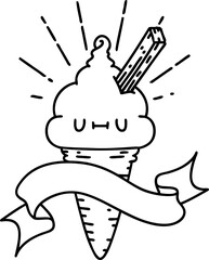 banner with black line work tattoo style ice cream character