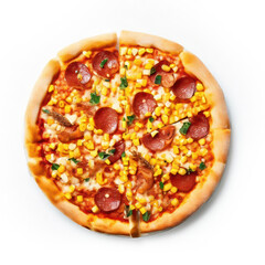 Product shot of a salami pizza with corn, viewed from directly above and isolated on a white background. (Product Shot / Generative AI)