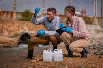 Scientist analysis professional wearing glasses and safety glove under working analysis water quality by get waste water to check water case in laboratory is environment pollution problem.